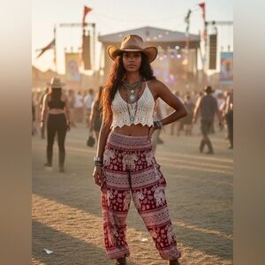 NWT Elephant Print Harem Pants Boho Yoga Lounge Festival Size L Maroon